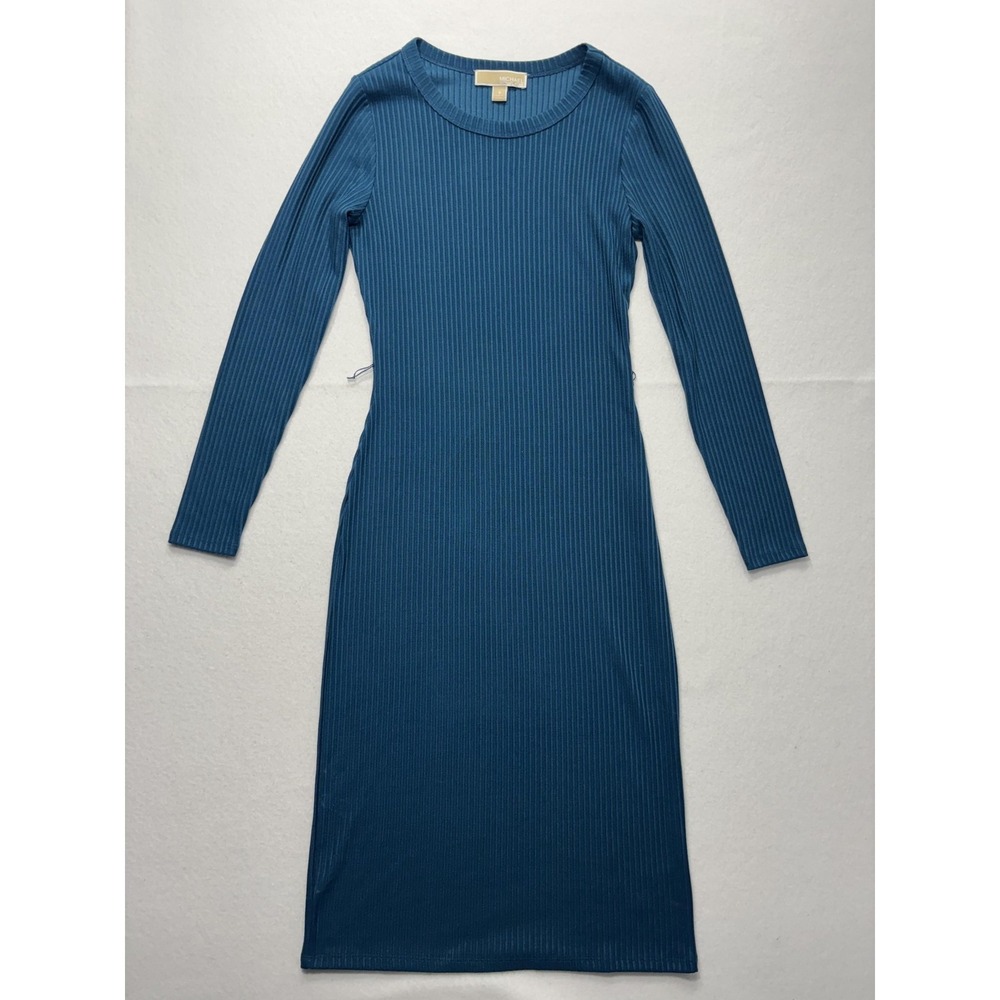 MICHAEL Michael Kors Dress Womens Small Blue Ribbed Long Sleeve Bodycon Midi